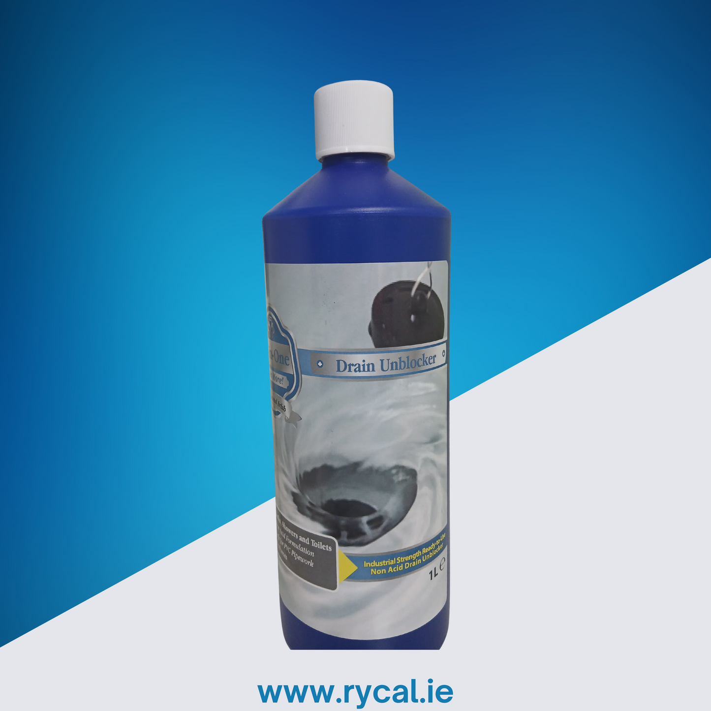 Bottle of drain unblocker with a blue label on a blue and white background