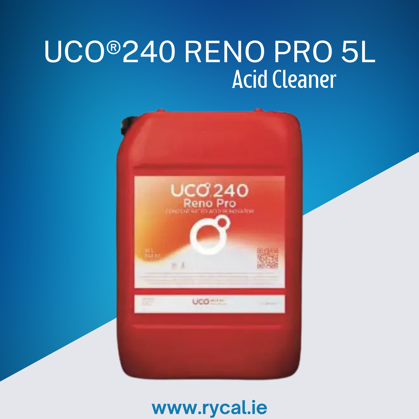 Red UCO 240 Reno Pro 5L Acid Cleaner container on a blue and white background