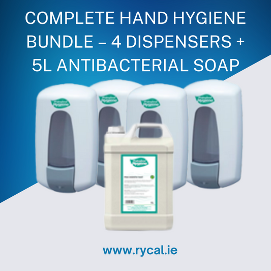 Complete Hand Hygiene Bundle – 4 Dispensers + 5L Bactericidal Soap