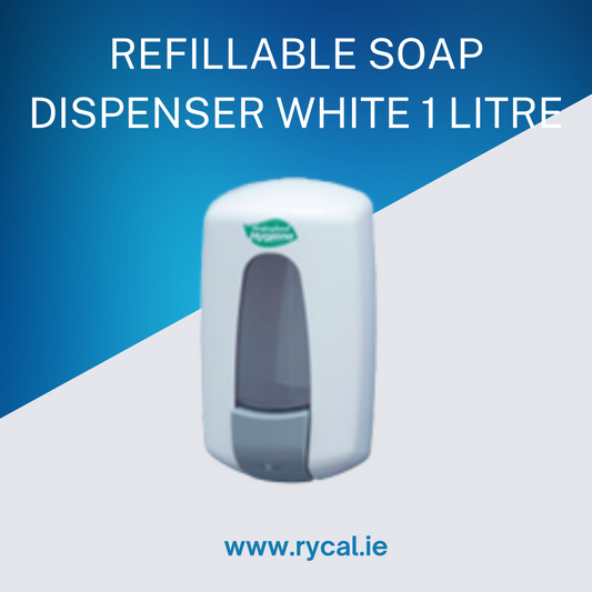 White refillable soap dispenser with blue and gray gradient background