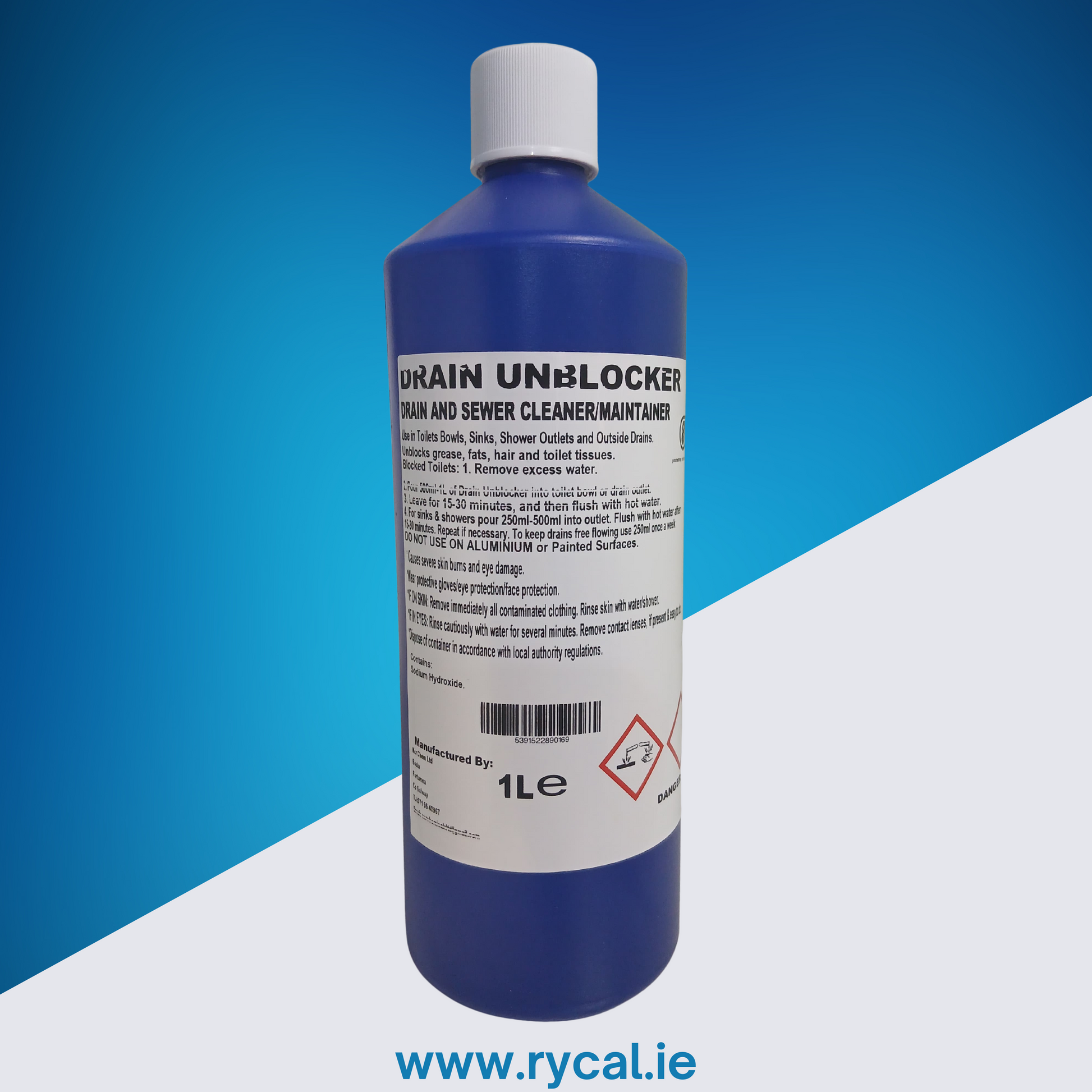 Bottle of drain unblocker with a blue label on a blue and white background