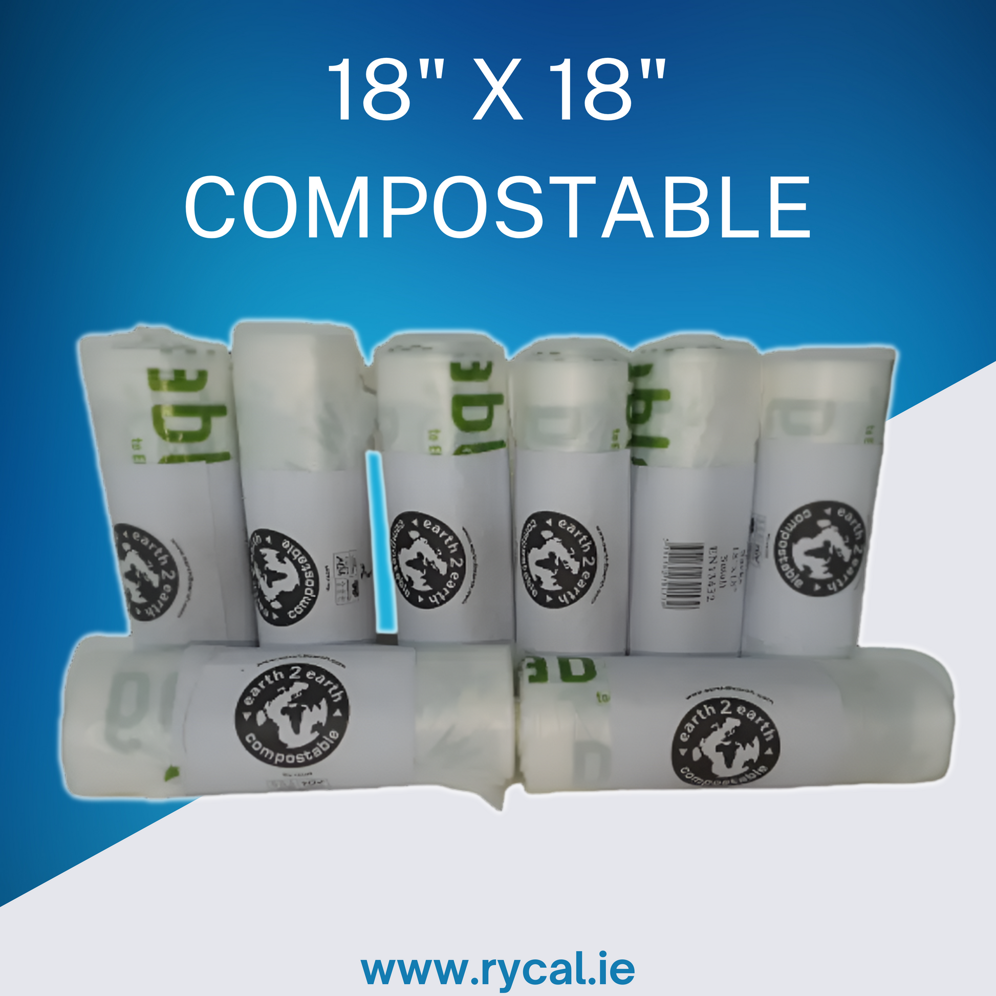 Compostable products with a blue and white background and text indicating size and website.