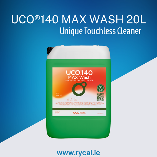 Green container of UCO 140 MAX WASH 20L on a blue and white background